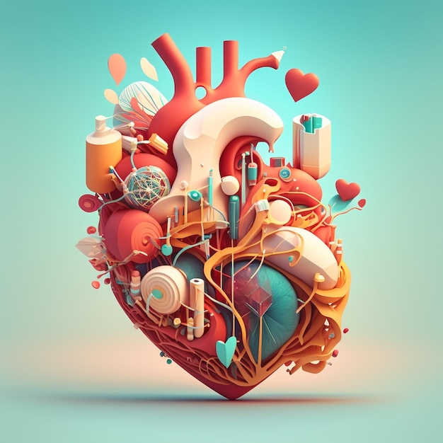 Heart care concept Abstract stylized illustration Cardiac anatomy and physiology Artificial organ World heart day AI Generated