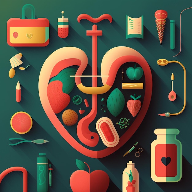 Heart care concept Abstracte gestileerde illustratie Cardiale anatomie en fysiologie Kunstmatig orgaan Wereldhartdag AI gegenereerd