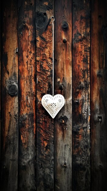 Photo heart on chain and wood