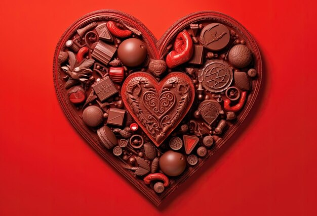 heart of chocolate on red background