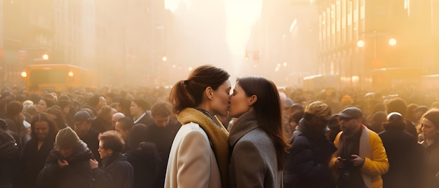 In the Heart of the City Gay Women's Tender Kiss Amidst NYC's Lively Blurred Crowd