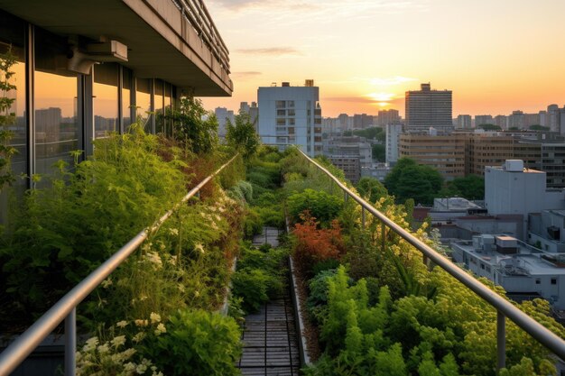 都市の中心部には、コンクリート構造物の中に緑のオアシスを提供する屋上庭園が栄えています。 ジェネレーティブ AI