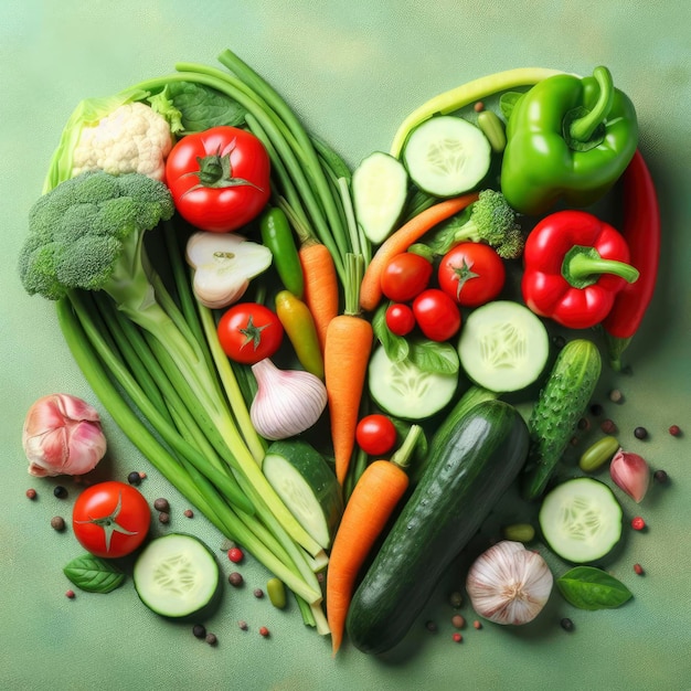 heart consisting of vegetables on a green background ai generative