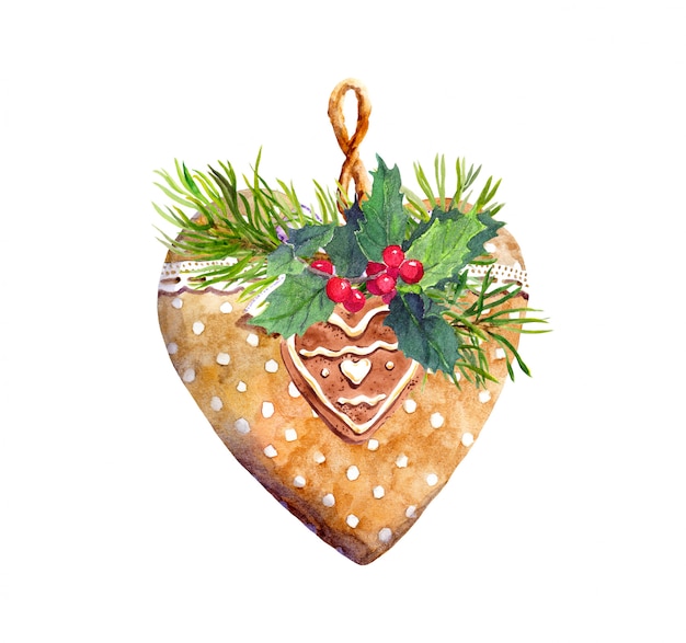 Heart cookie with lace ribbon, branch of spruce tree, mistletoe