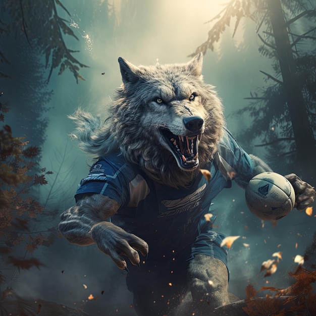 В центре густого леса волк в ярком волейбольном снаряжении прыгает высоко за шипом.
