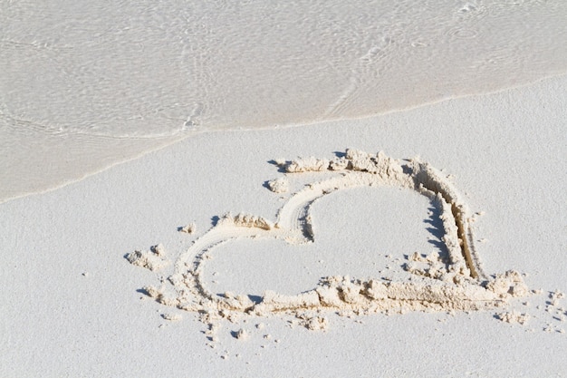 Рисунок сердца на пляже с волной.