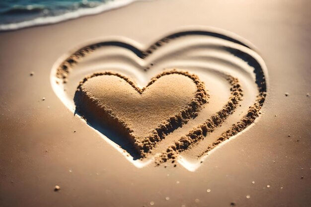 海岸の砂に描かれた心臓と背景の海