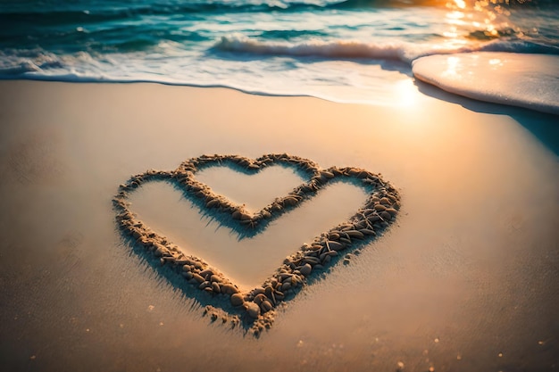 a heart drawn on the beach with the sun setting behind it