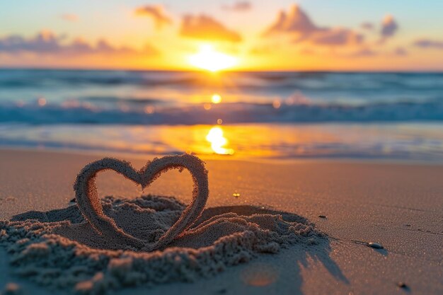 Heart drawn on the sand against a sunset on the beach