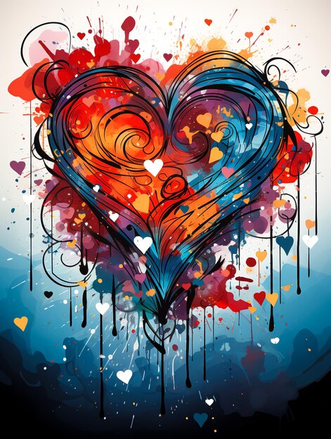 Heart drawn with paints of different colors on a dark background