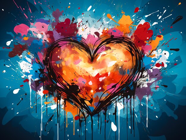 Photo a heart drawn with paints of different colors on a dark background