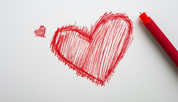 Foto cuore disegnato con marcatore rosso su sfondo bianco vista superiore