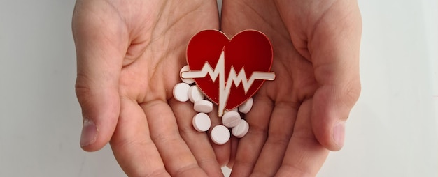 Heart electrocardiogram icon and white pills in children hands