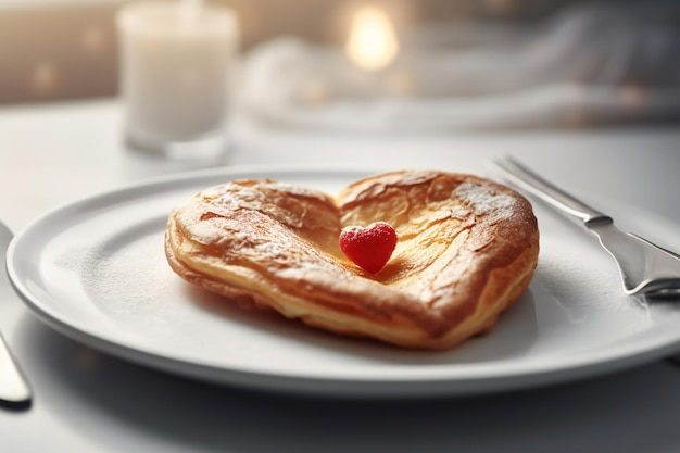 写真 この甘いおやつにハートの目 白い皿に乗った愛をイメージしたハート型のパンケーキ