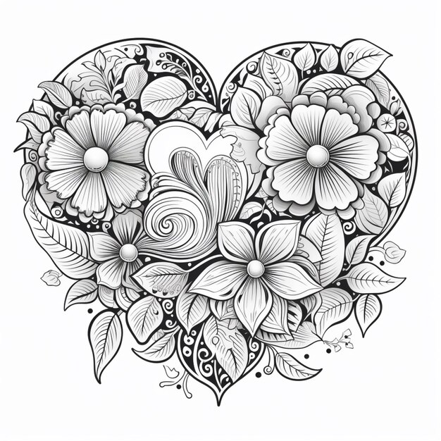 Photo heart flower design coloring page adult kids love picture ai generated art