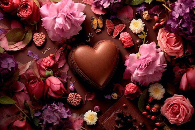 сердце и цветы шоколадный фон