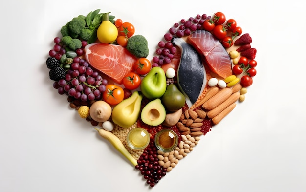 A heart of food that is made up of fruits, vegetables, and nuts.