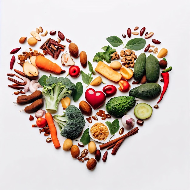 Heart formed by healthy food on white background