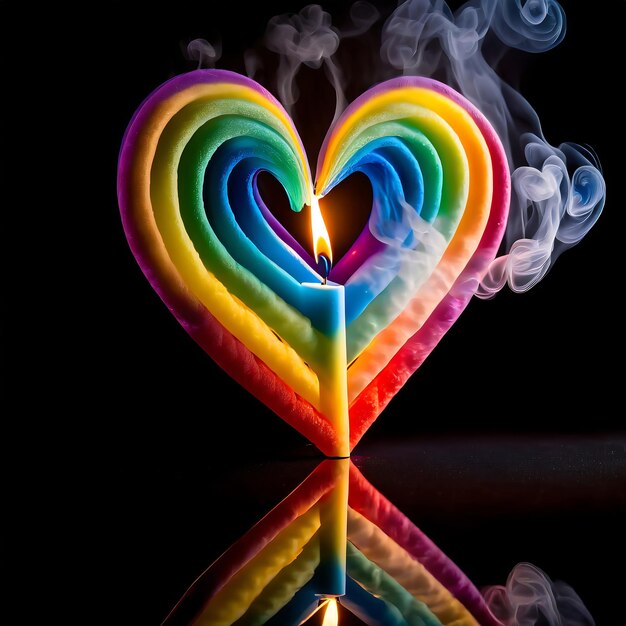 A heart formed from colorful candle smoke with reflection on black background