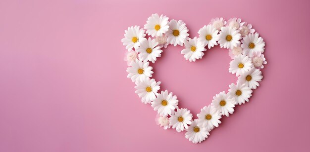 Heart formed from white daisies on pink background view from above Spring or holiday greeting card or invitation