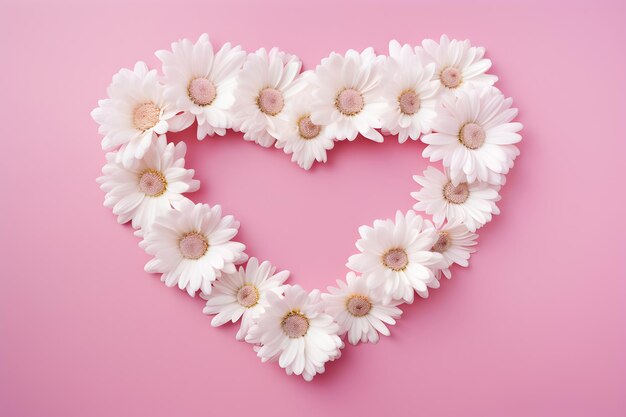 Heart formed from white daisies on pink background view from above Spring or holiday greeting card