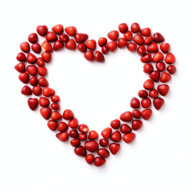 a heart frame of strawberry beans on a white background