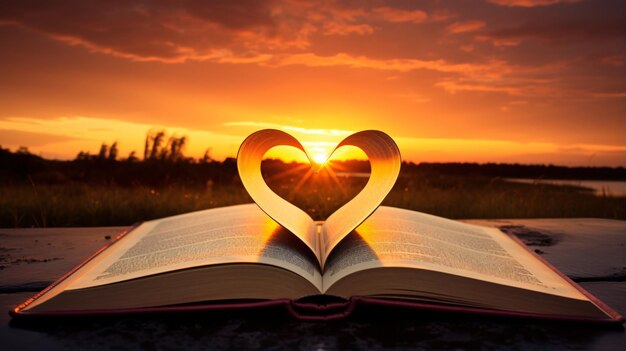 Photo heart from a book page against a beautiful sunset