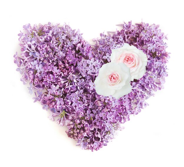 두 개의 흰색 장미와 신선한 라일락 꽃에서 심장