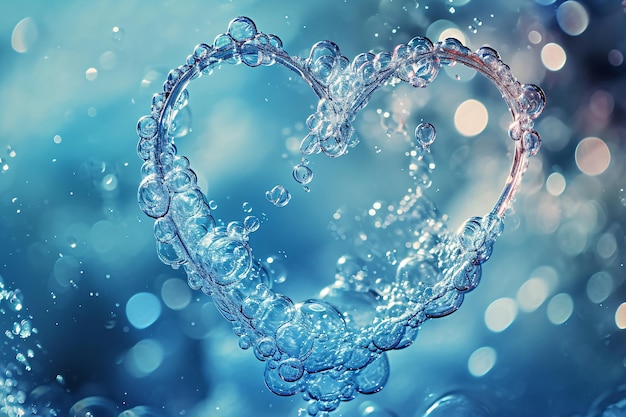 Heart from water splash with bubbles in clean fresh blue water Save the water World Water Day