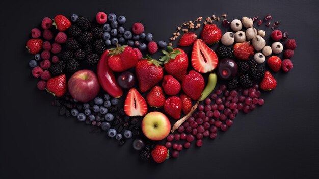 A heart of fruits is shown with a heart shape made of fruits.