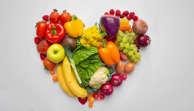 A heart of fruits and vegetables is shown.