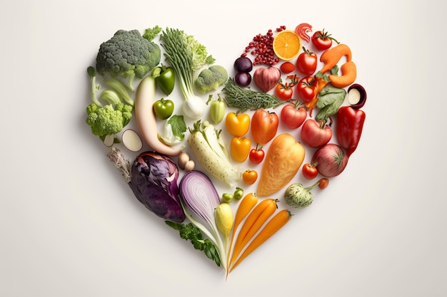 A heart of fruits and vegetables with the word love on it.