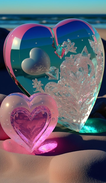 A heart and a glass heart are in front of a blue background.