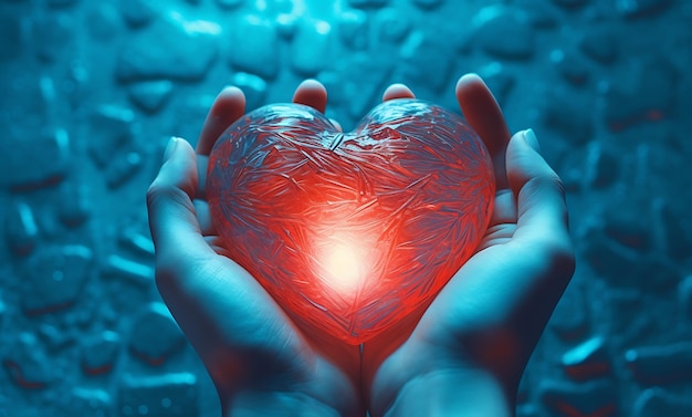 Heart in hands on blue background ai generated