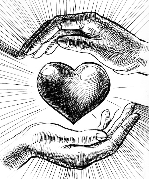 Heart and hands. Ink black and white drawing