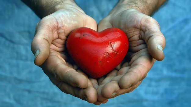 A heart in hands A man holds a red heart in his hands The heart is a symbol of love affection and compassion