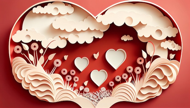 Heart to Heart Mother Illustration Background in Papercut Style with clouds Generative AI