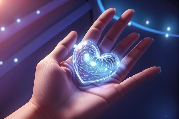 사진 손바닥 기술 개념 기부 온라인 진단 3d 렌더링 3d 그림 위의 심장 홀로그램