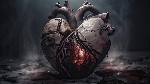 A heart is broken and is in the middle of a dark background.