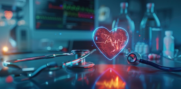 A heart is displayed on a computer monitor in front of a stethoscope