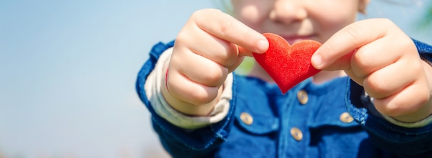 The heart is in the hands of the child. Selective focus.