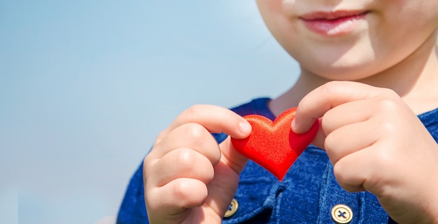 The heart is in the hands of the child. Selective focus.