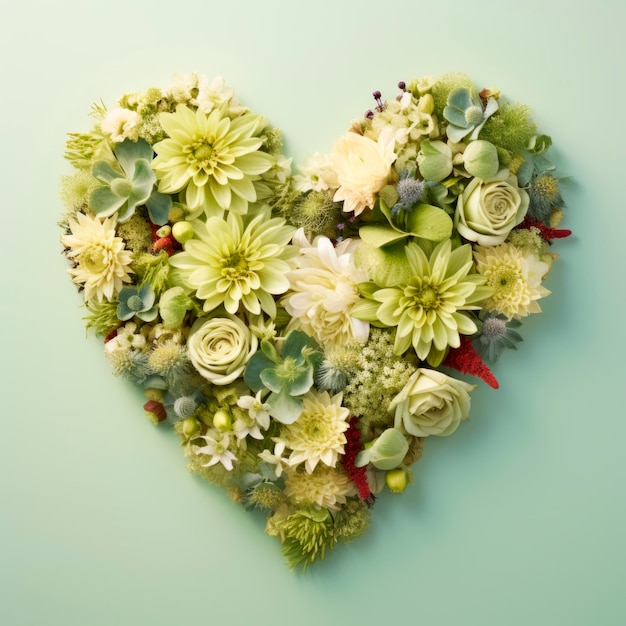 The heart is lined with beautiful succulents and flowers on a light background