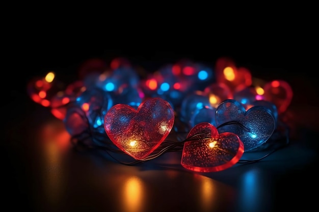 A heart is lit up with red and blue lights.