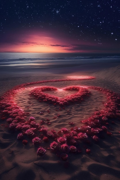 A heart is made of flowers on the beach.