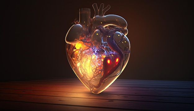 A heart is shown in a dark room.