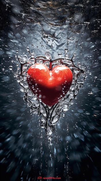 A heart is surrounded by water and is surrounded by a splash of liquid.