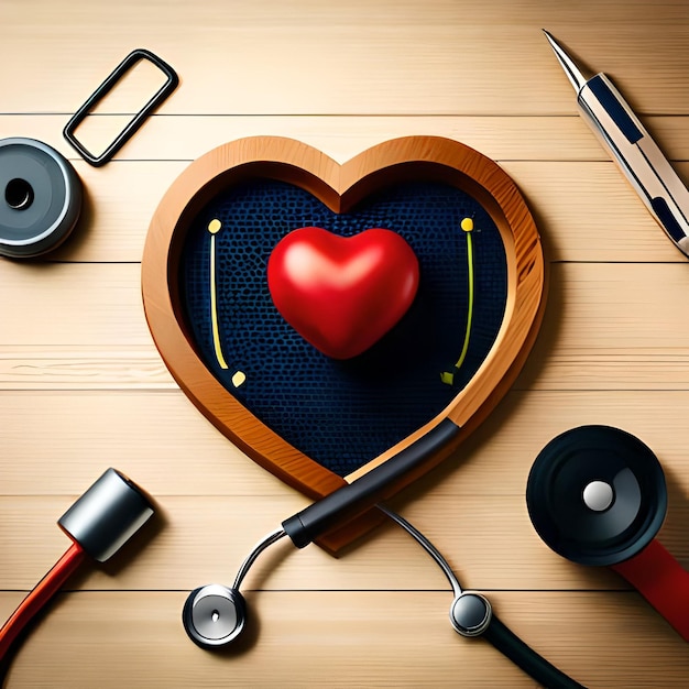 A heart is on a wooden board with a stethoscope and a pen on the table.