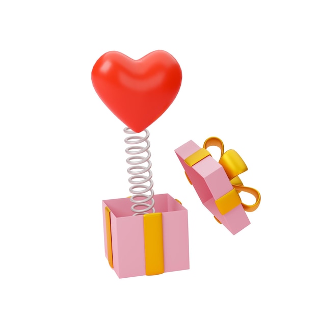 Heart jumped out of the pink gift box isolated on white background 3d render