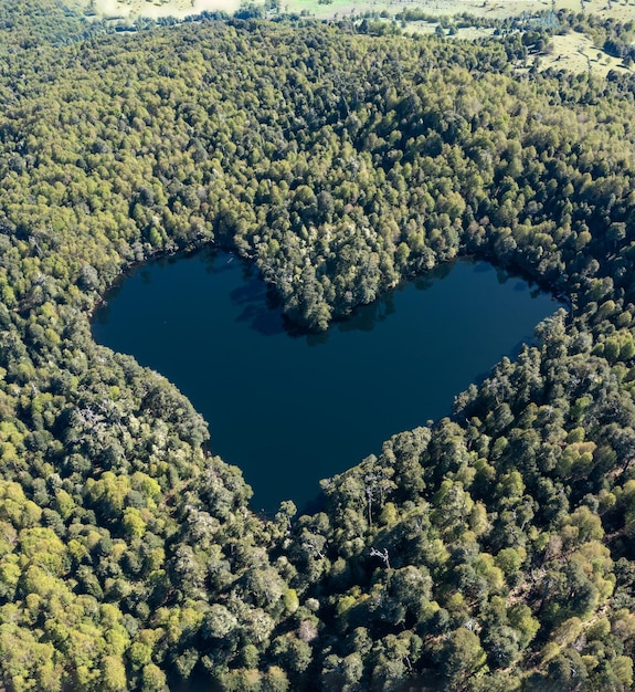 Heart lagoon laguna corazon chile drone top down view go lagoon with the shape of a heart surrounded